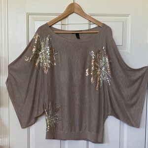 INC International Concepts Tan Blouse with Silver Sequin Design
